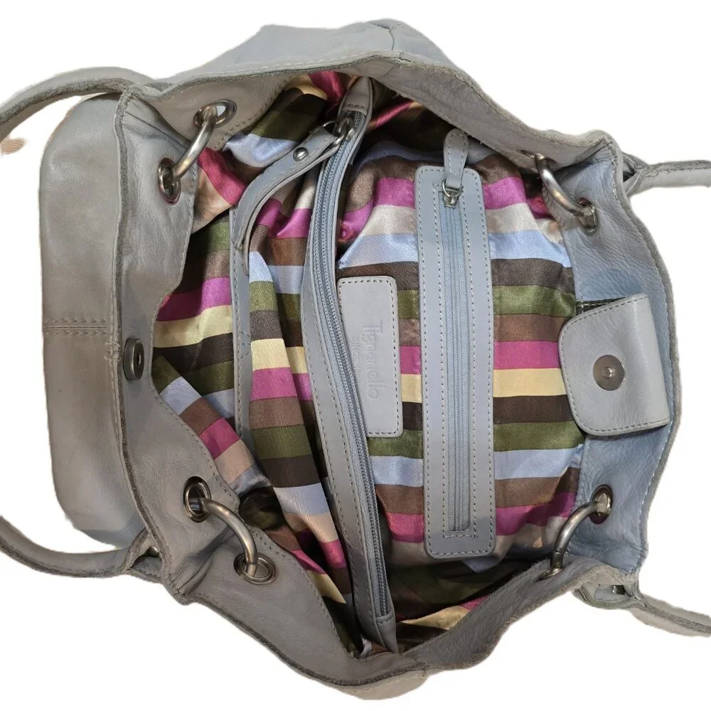 Tignanello Gray Leather Tote Bucket Bag With Striped Interior Double Handles - Picture 6 of 13